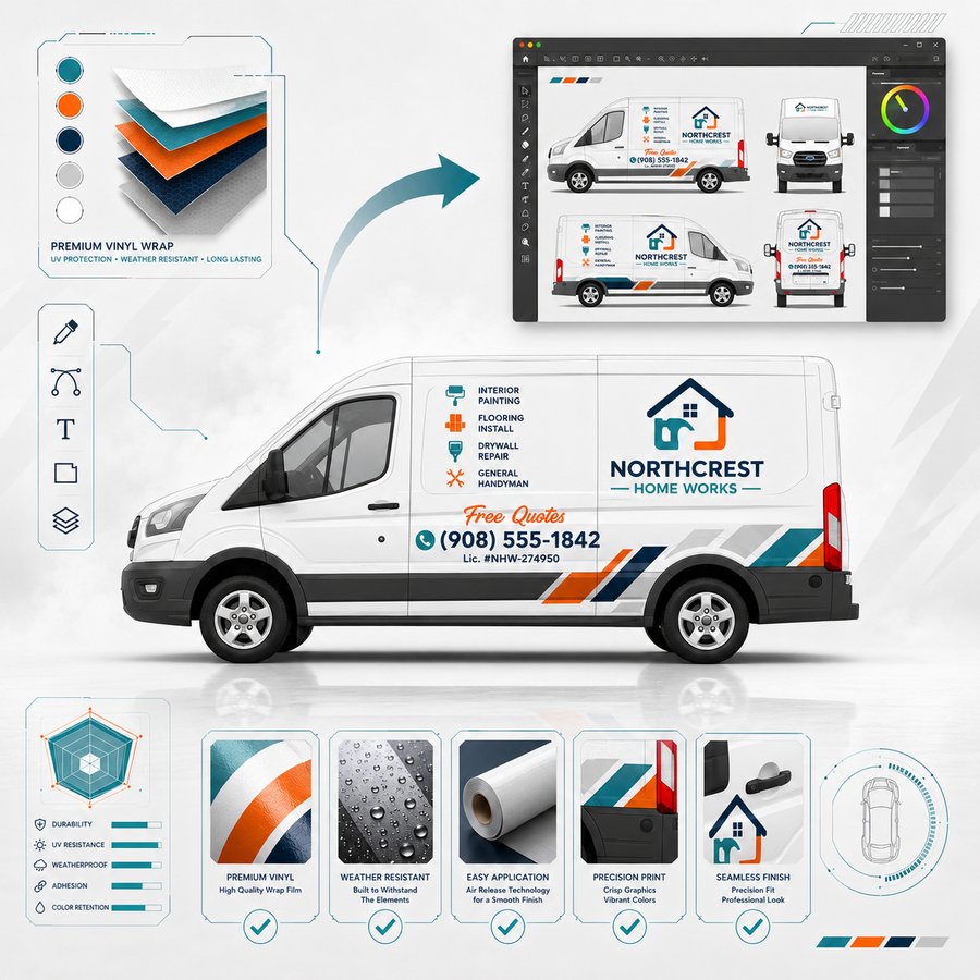 WEEM Custom business van decal design tool showing Northcrest Home Works fleet branding with premium vinyl material quality badges and multi-angle preview