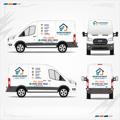 Four-angle layout of WEEM Custom Northcrest Home Works business van decal showing front, rear, driver side, and passenger side fleet branding graphics