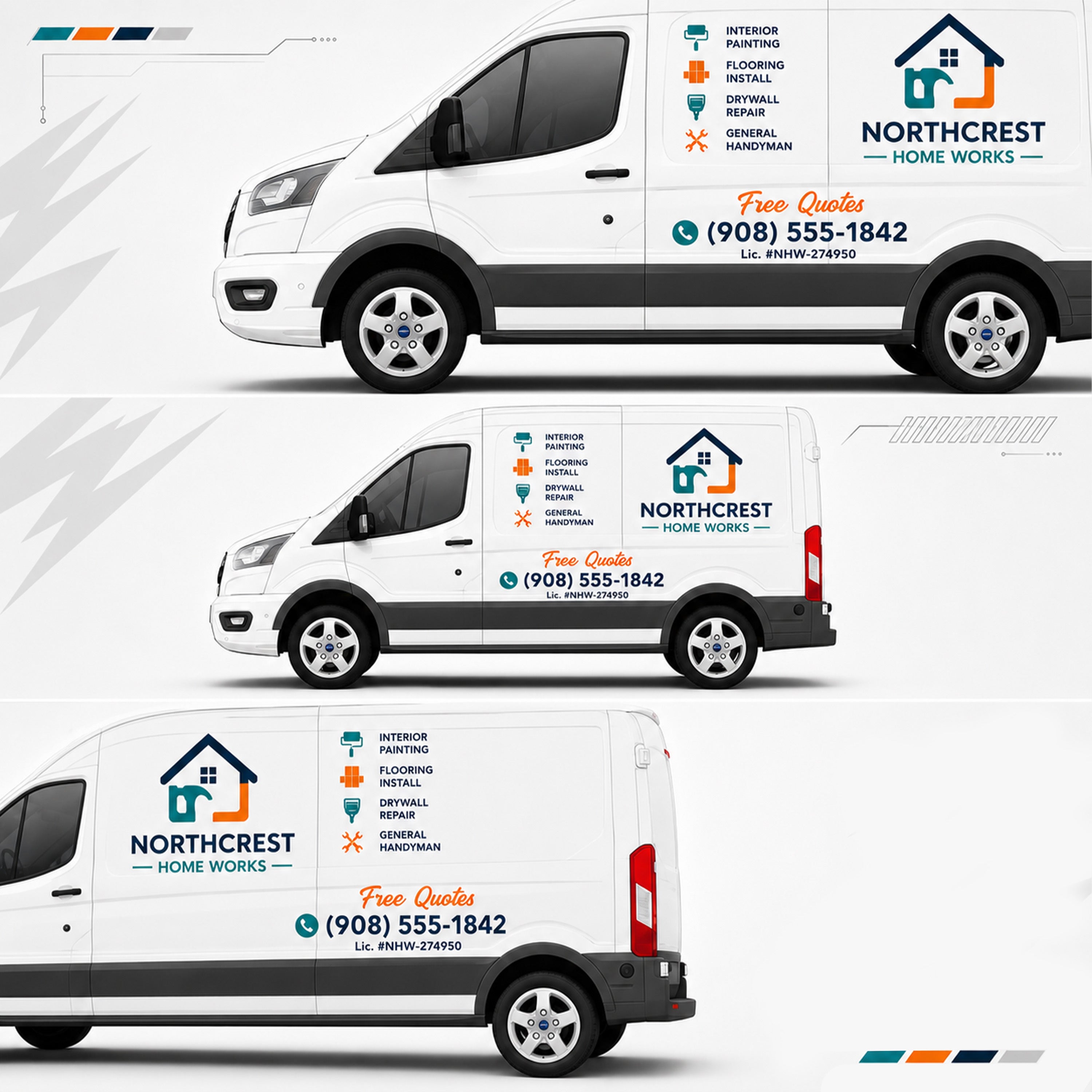 Three van size options showing WEEM Custom Northcrest Home Works business decal applied to small, medium, and large cargo vans with logo and contact info
