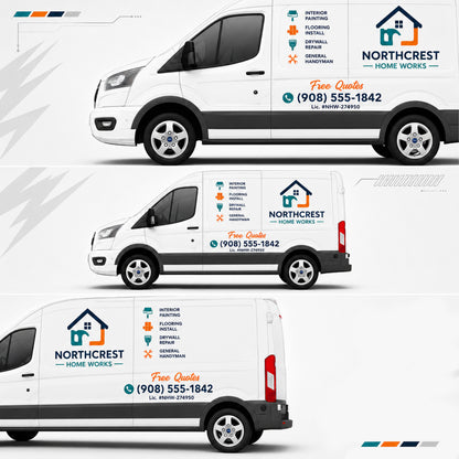 Three van size options showing WEEM Custom Northcrest Home Works business decal applied to small, medium, and large cargo vans with logo and contact info
