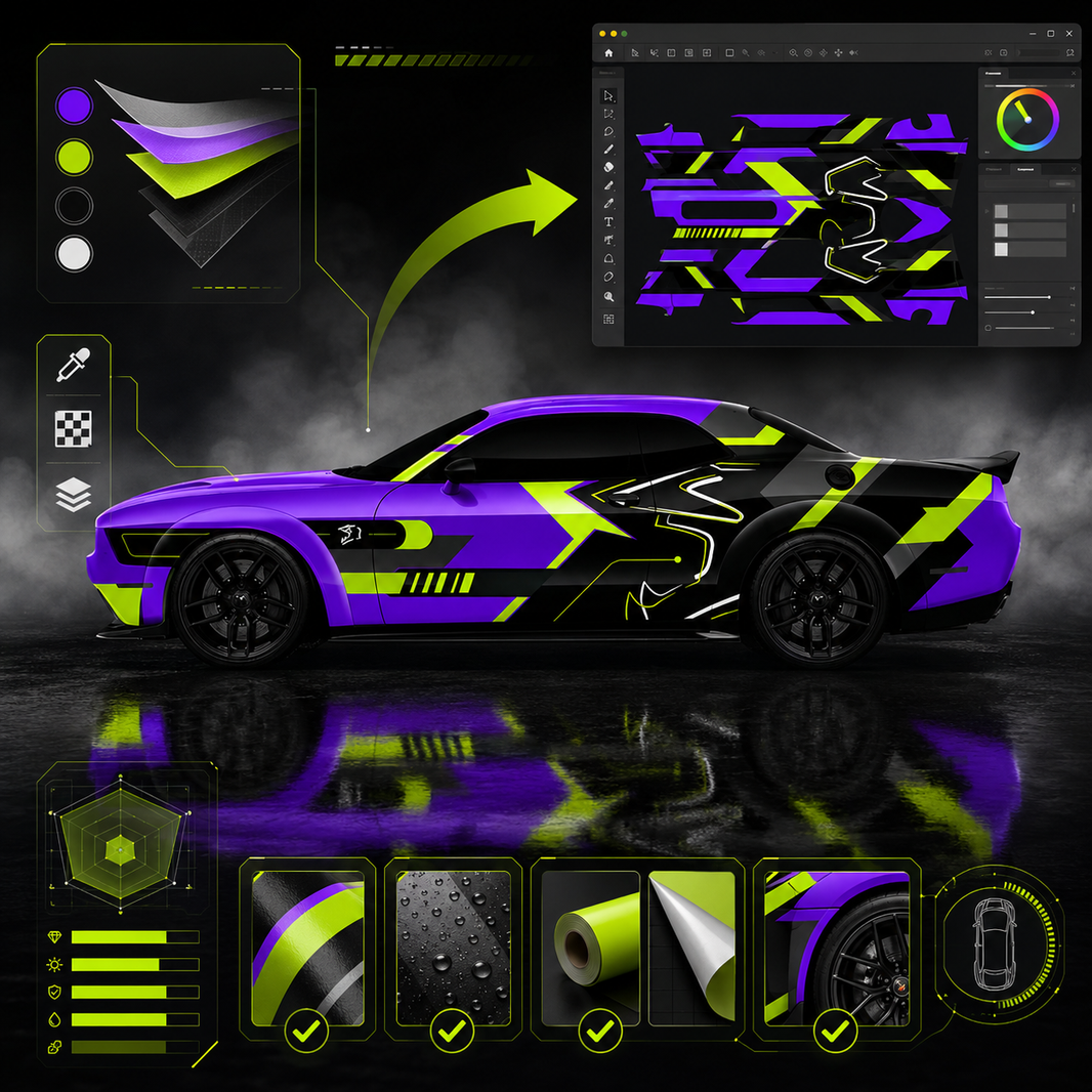 WEEM Custom car decal design tool showing purple and neon green racing vinyl wrap with color options and material quality badges