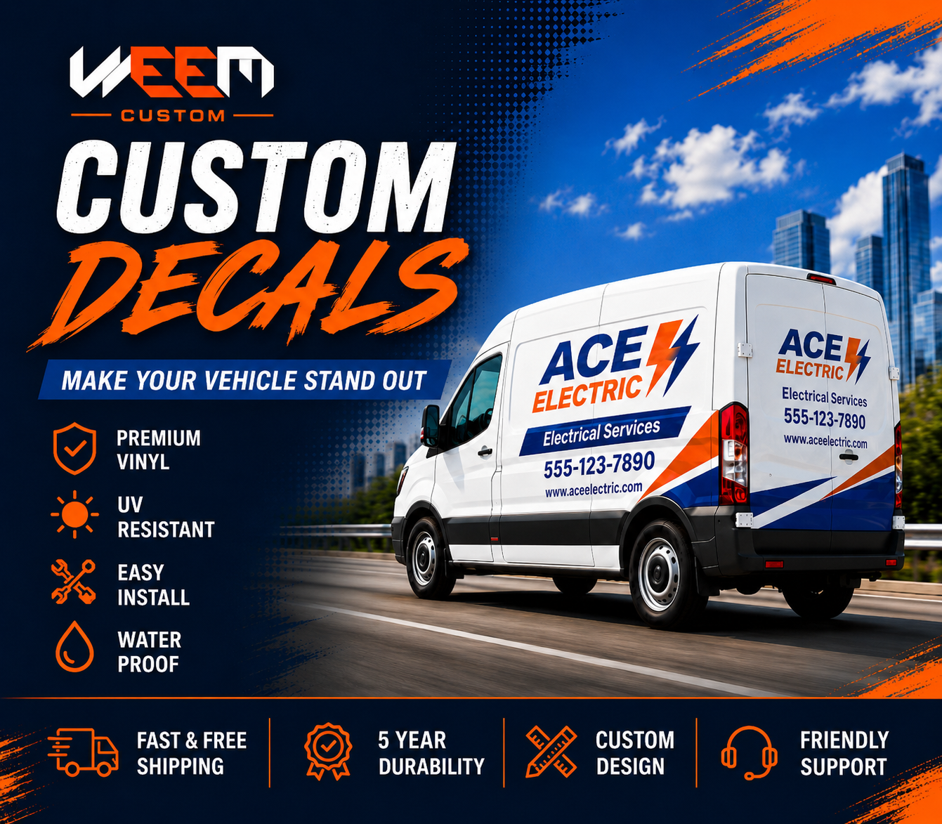 Custom commercial van decals on white ACE Electric van, city highway background – premium vinyl, UV resistant, waterproof, 5-year durability – WEEM Custom