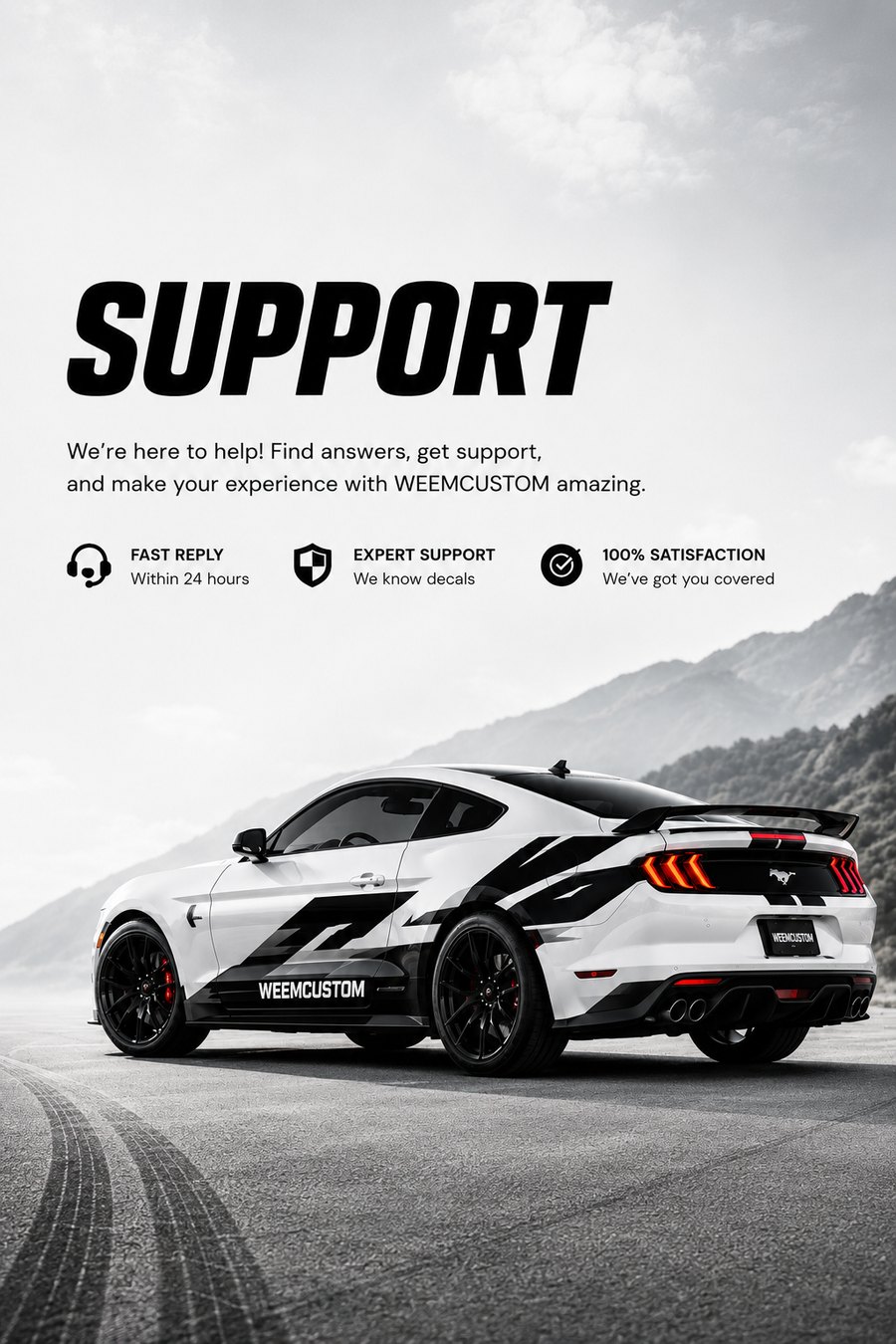 WEEM vinyl car decals – bold black graphics on white Ford Mustang GT
