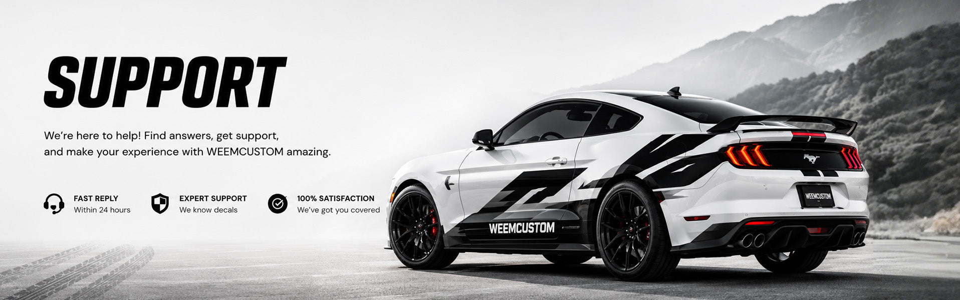 WEEMCUSTOM bold black graphic vinyl decals on white Ford Mustang GT – custom car decal support page