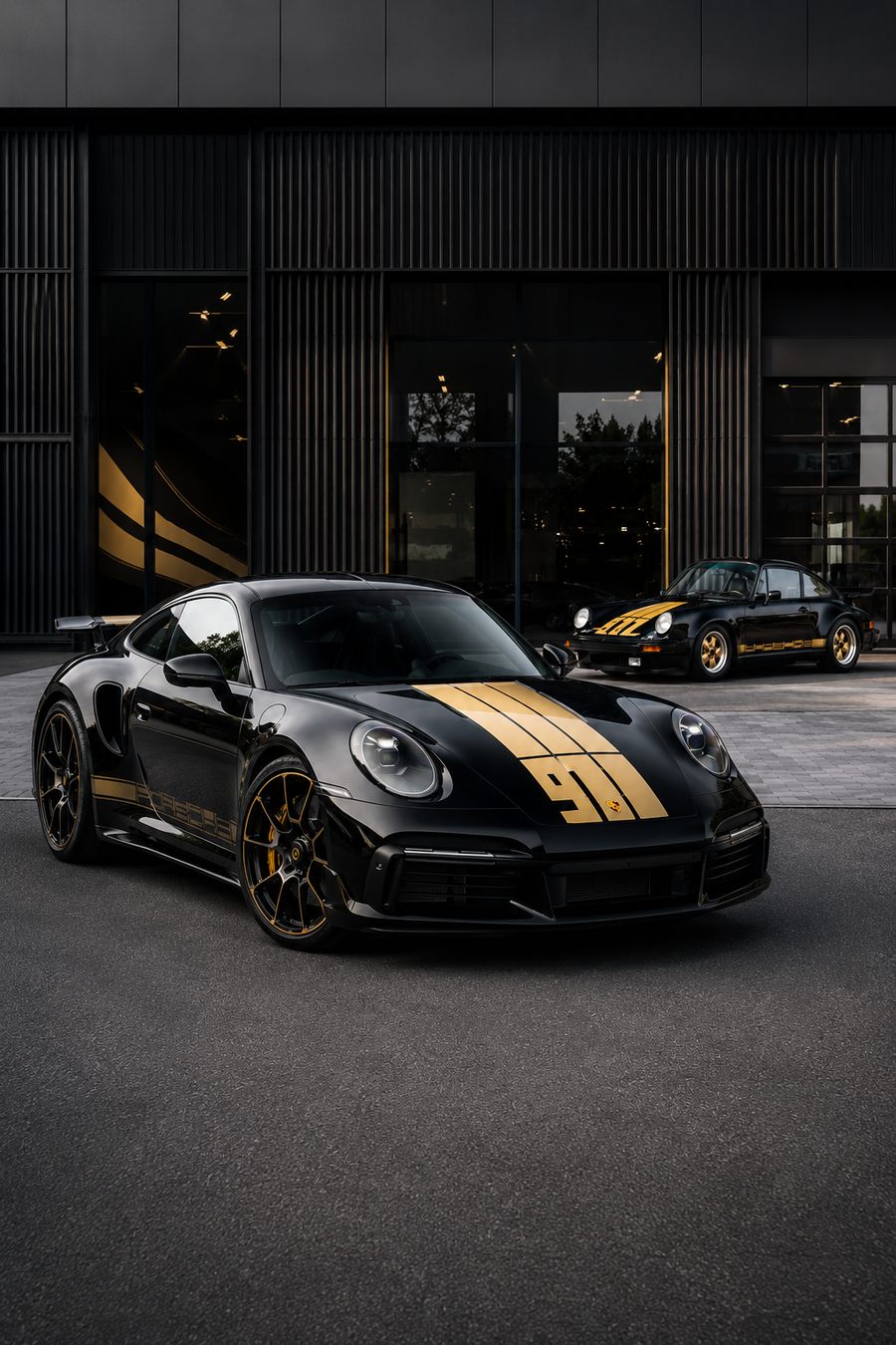 WEEM gold vinyl stripe decals on black Porsche 911 – custom car decal case study