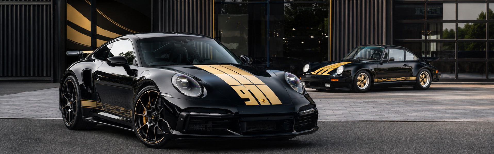 WEEM custom gold stripe vinyl decals on black Porsche 911 Turbo and classic 930 – premium car wrap case study