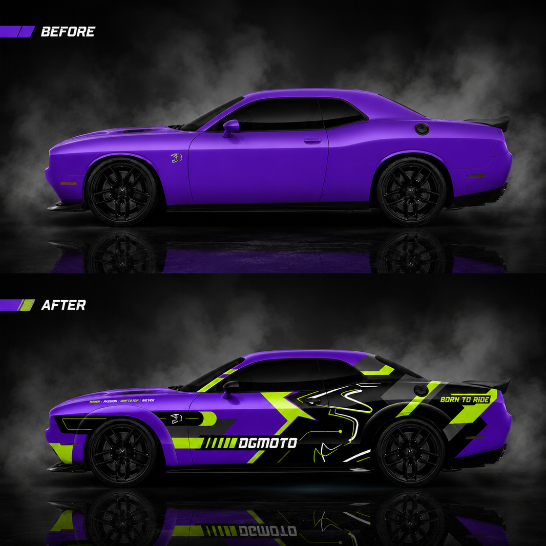 Before and after comparison of Dodge Challenger with WEEM Custom purple and neon green racing side vinyl wrap decal