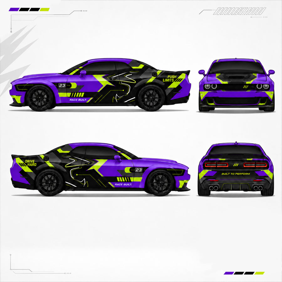 Four-angle design layout of WEEM Custom Dodge Challenger full body vinyl wrap in purple and neon green with race-built graphics
