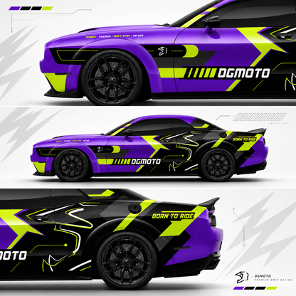 Close-up detail views of WEEM Custom purple and neon green racing side stripe vinyl wrap on Dodge Challenger front, side, and rear panels