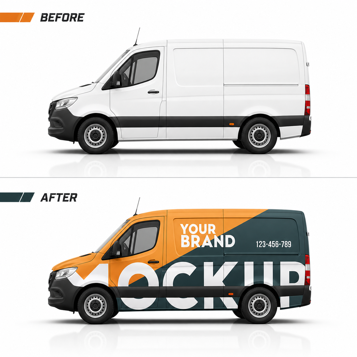 Before and after comparison of cargo van with WEEM Custom fleet wrap — plain white van transformed into branded orange and dark teal business vehicle
