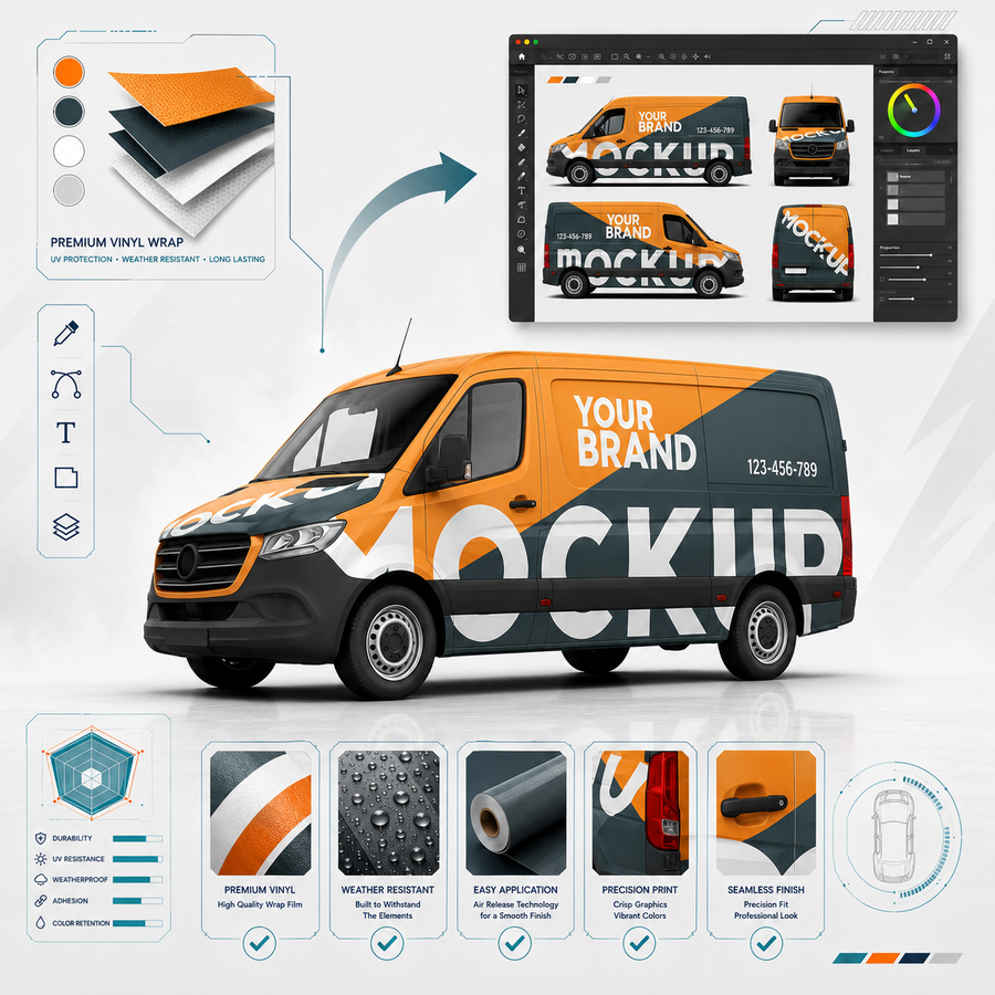 WEEM Custom fleet wrap design tool showing orange and dark teal cargo van mockup with premium vinyl material badges including UV protection, weather resistant, and long lasting