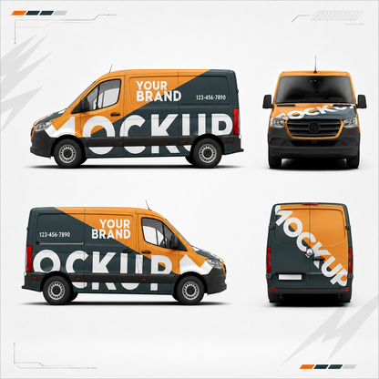 Four-angle layout of WEEM Custom cargo van fleet wrap in orange and dark teal showing driver side, passenger side, front, and rear panel branding graphics