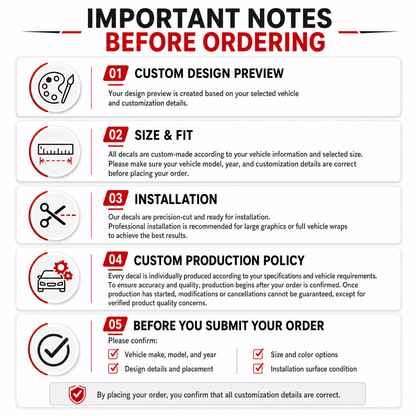 WEEM Custom fleet wrap ordering guide with important notes on custom design preview, size and fit, installation, production policy, and order checklist