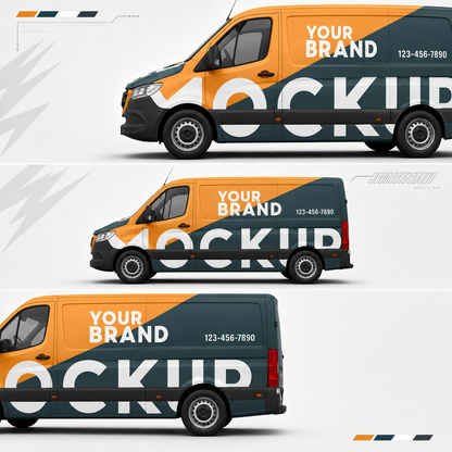 Three cargo van sizes showing WEEM Custom fleet wrap in orange and dark teal — small, medium, and large van options with custom brand name and phone number placement