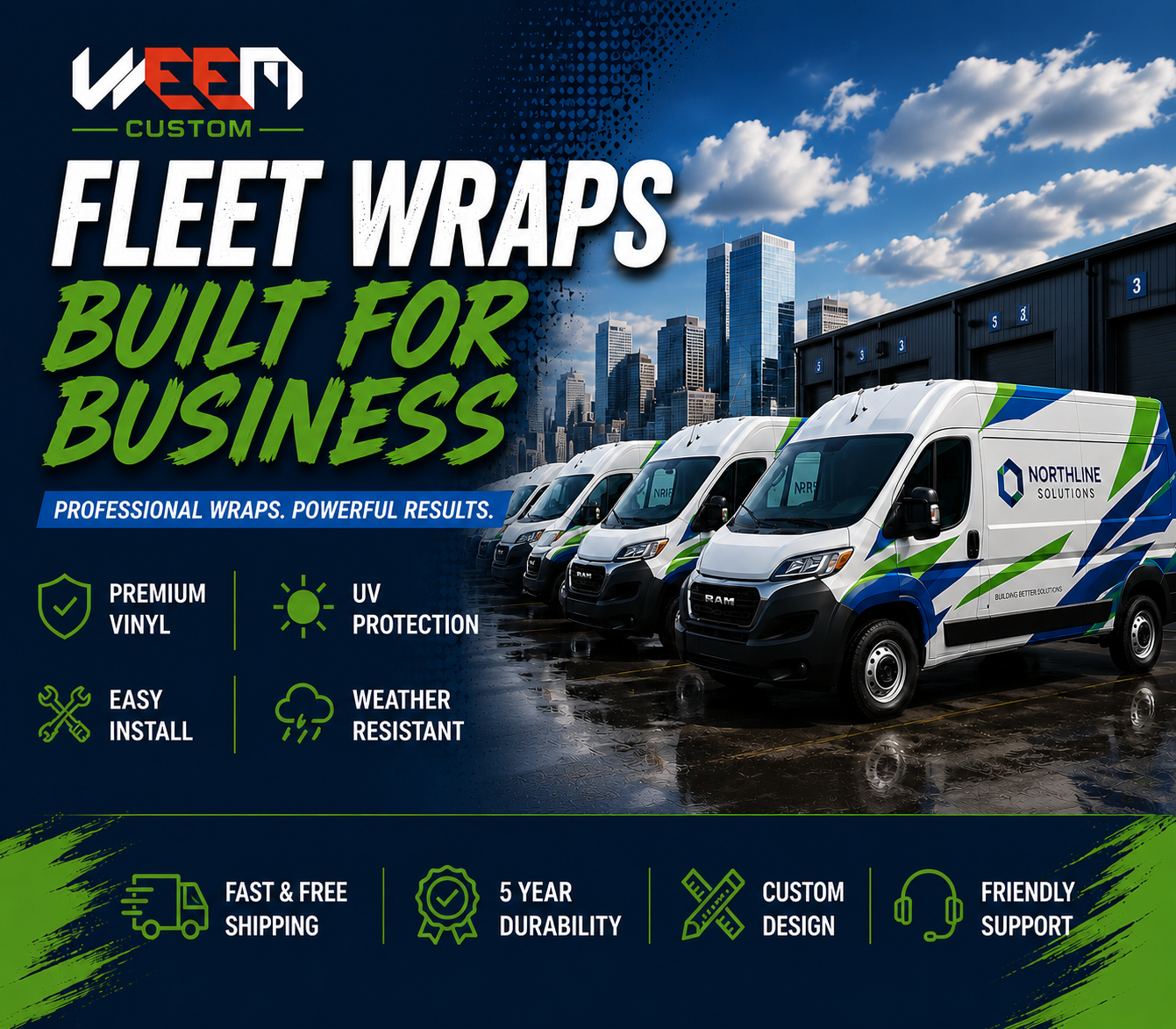 Fleet wraps built for business – Northline Solutions branded cargo vans with premium vinyl wrap, UV protection, weather resistant, city background – WEEM Custom