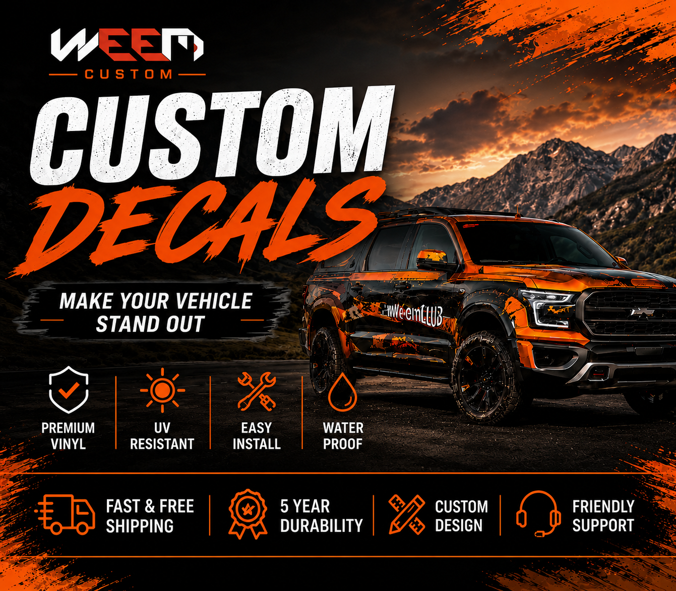 Custom truck decals on black RAM pickup with bold orange full wrap, mountain sunset background – premium vinyl, UV resistant, waterproof – WEEM Custom