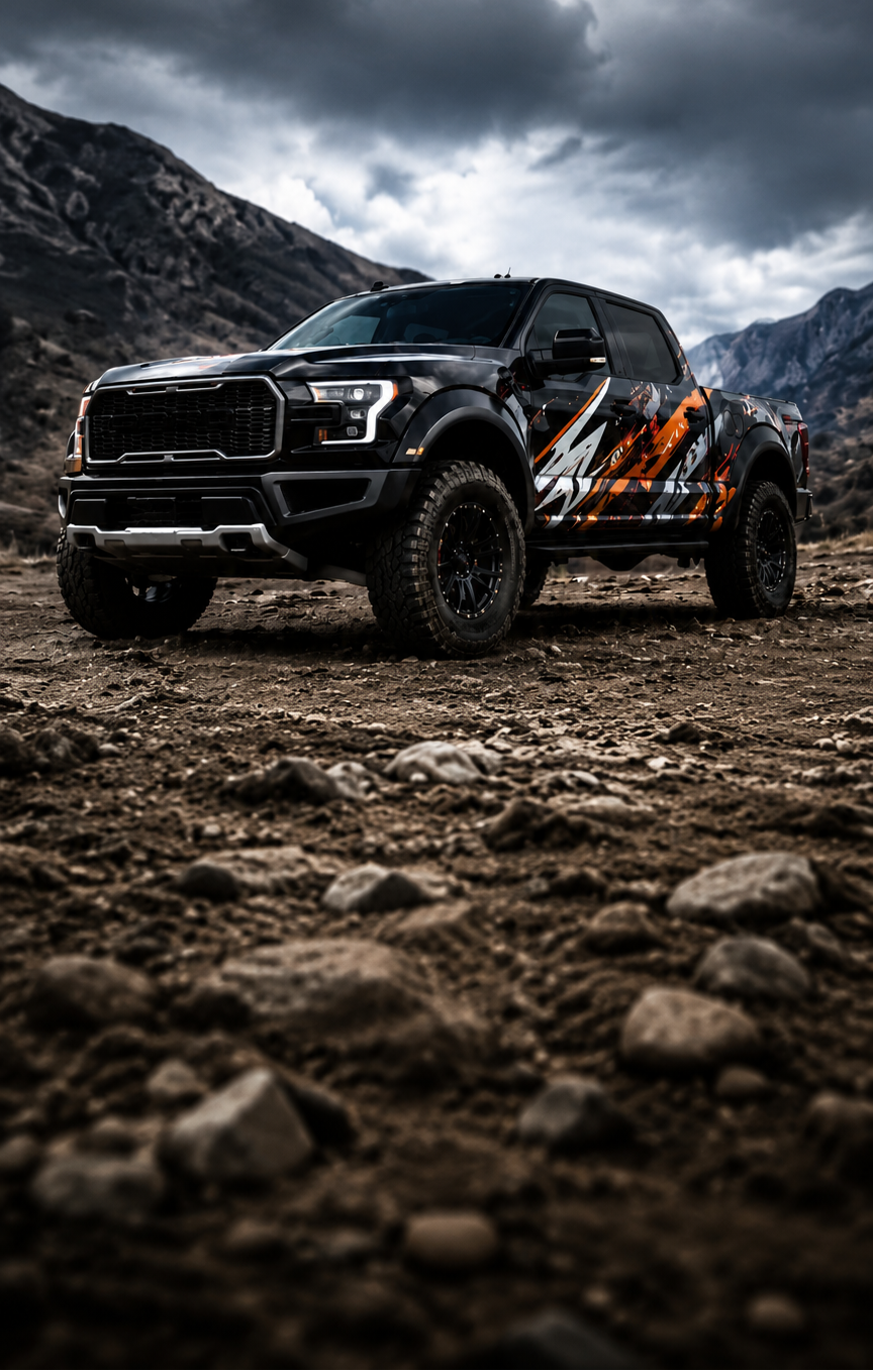 Black Ford Raptor truck with bold orange and gray custom vinyl decals, parked on rocky off-road terrain under dramatic storm clouds – WEEM Custom truck decals