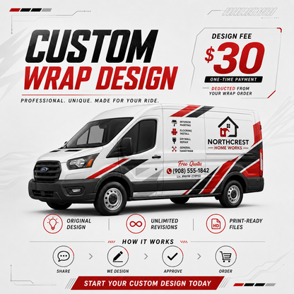 WEEM Custom $30 custom wrap design service infographic for business vans showing original design, unlimited revisions, print-ready files, and how-it-works steps