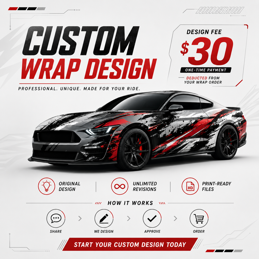 WEEM Custom wrap design service infographic showing $30 design fee with Ford Mustang in red and black grunge vinyl wrap and how-it-works steps