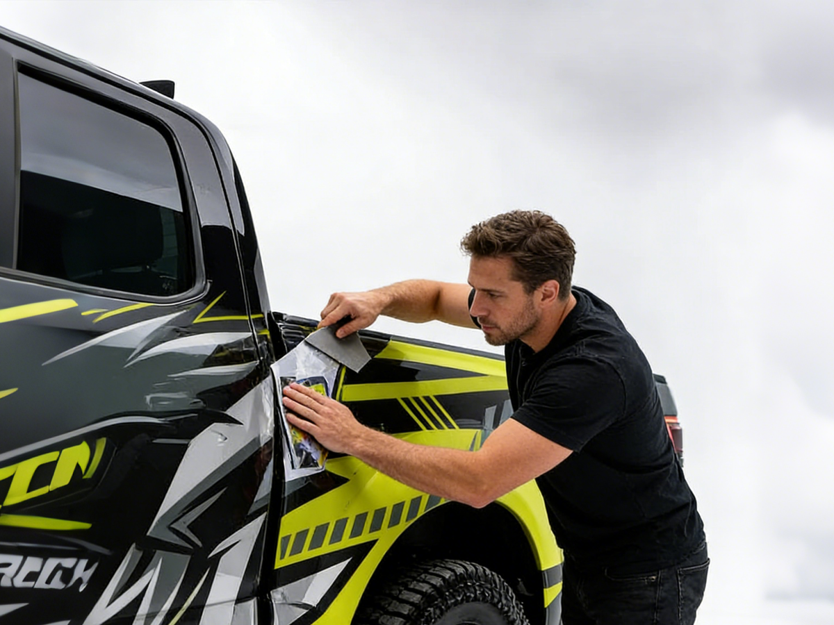 Step 3: Press and smooth WEEM vinyl decal with squeegee to remove air bubbles – installation guide