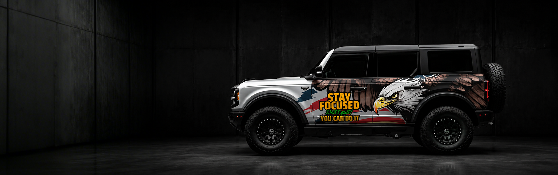 WEEM premium SUV decals featuring bold eagle vinyl graphics on white Ford Bronco for off-road style