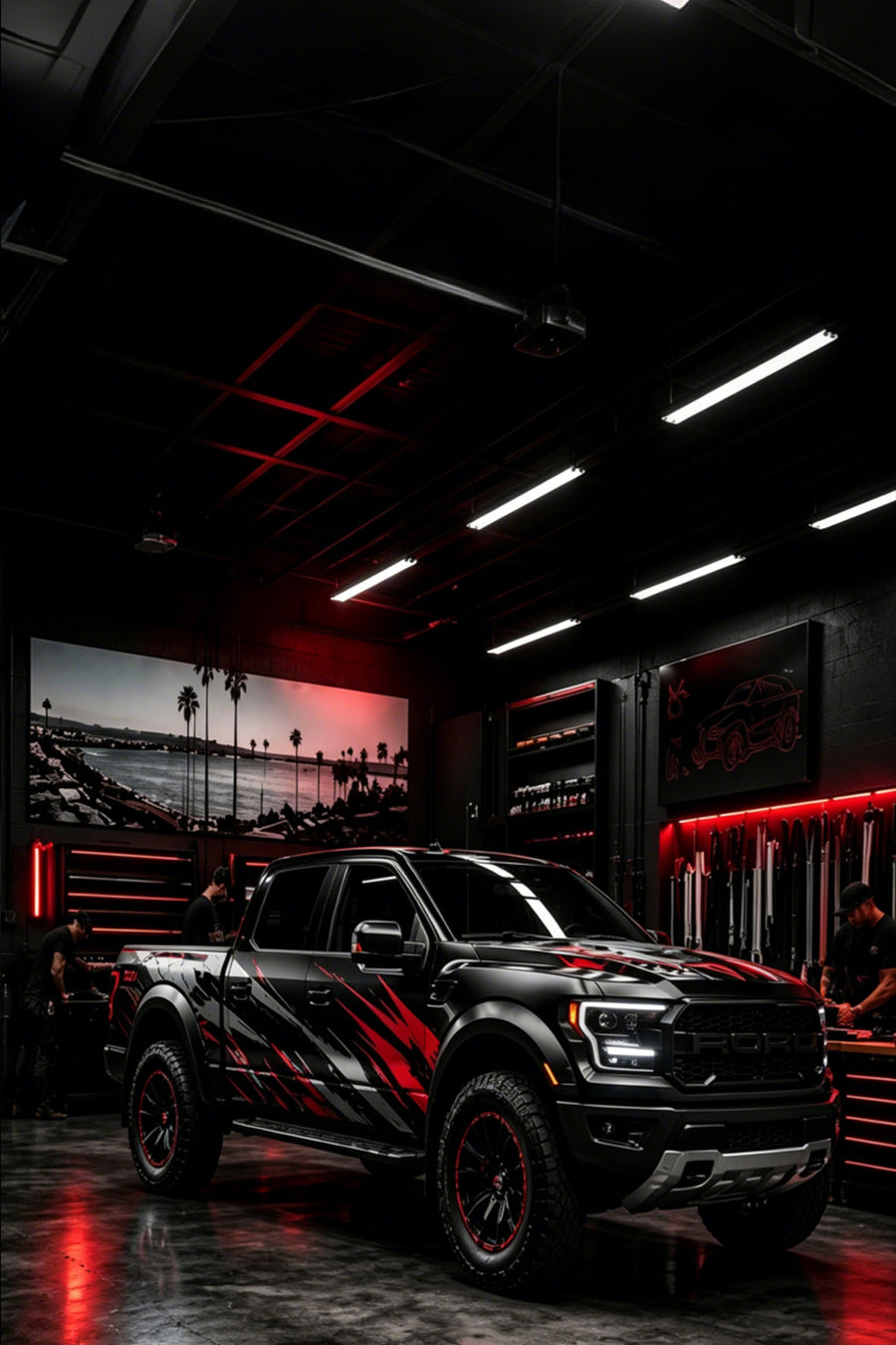 WEEMCUSTOM custom vehicle decal and wrap design on black truck – automotive branding graphics