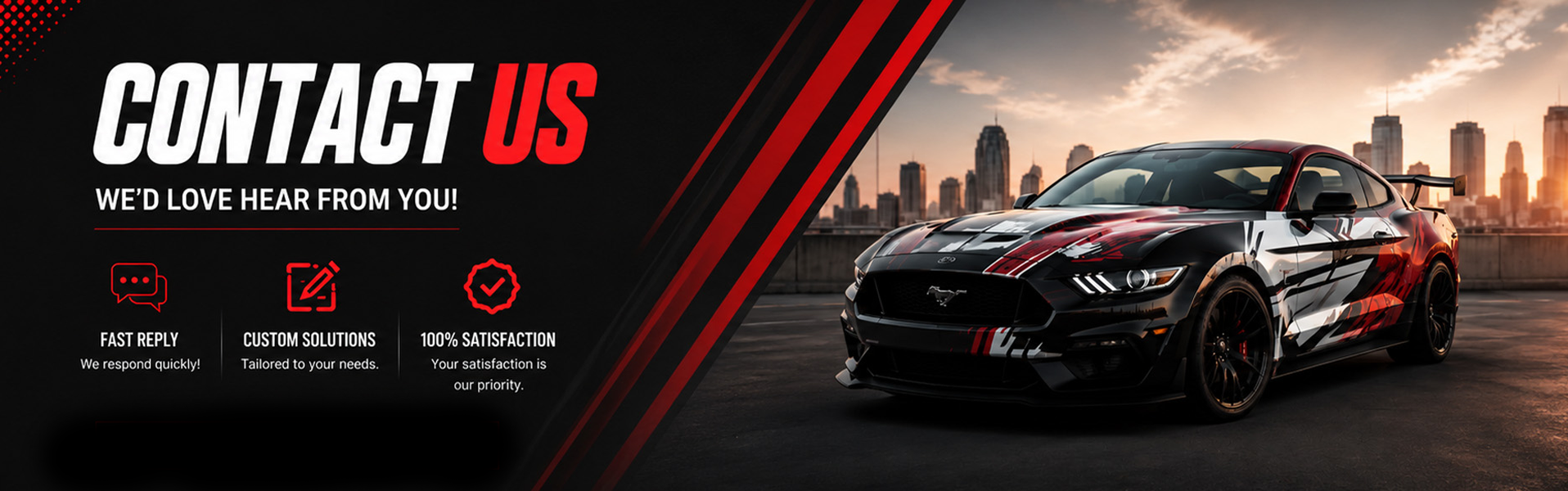 WEEMCUSTOM contact us – custom vinyl wrap on Ford Mustang with bold red and black graphic design
