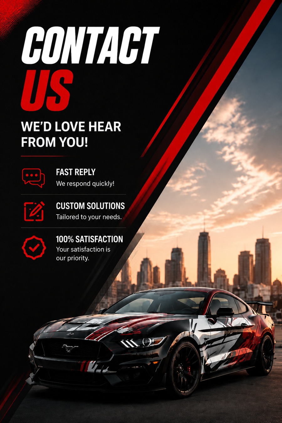 WEEMCUSTOM contact page – custom car wrap and decal design on Ford Mustang