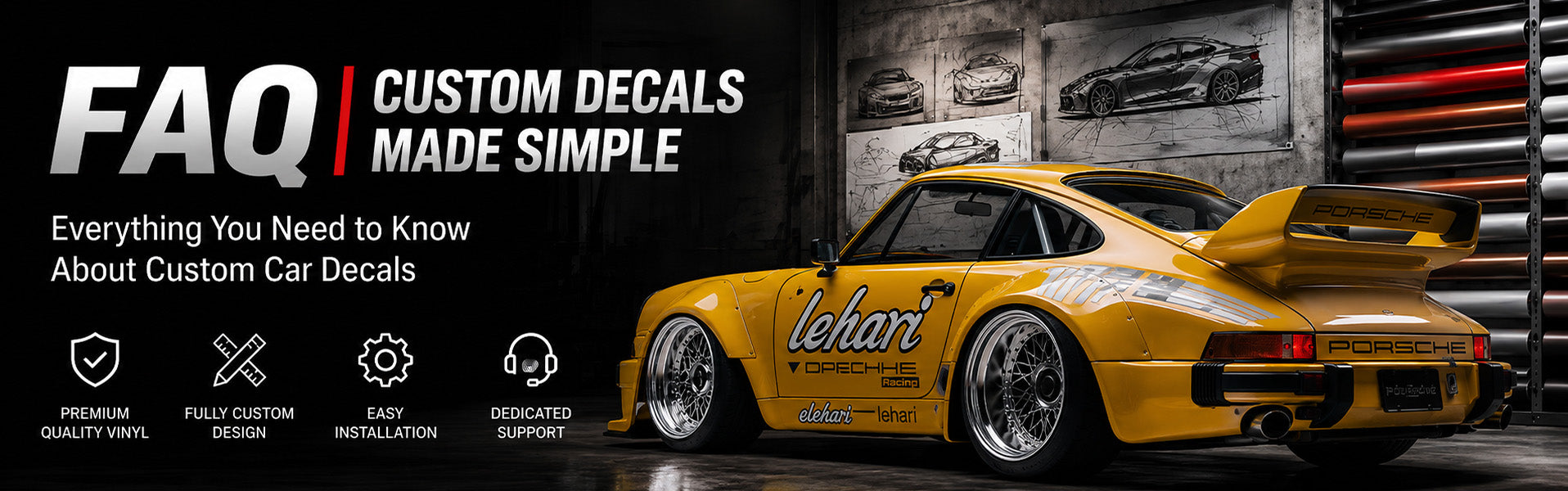WEEMCUSTOM FAQ – custom car decals made simple, featuring yellow Porsche with vinyl wrap graphics