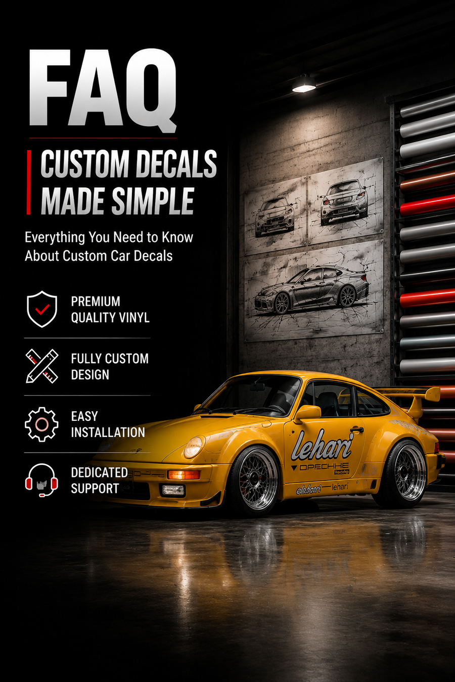 WEEMCUSTOM custom car decal FAQ – yellow Porsche with premium vinyl wrap and graphic design