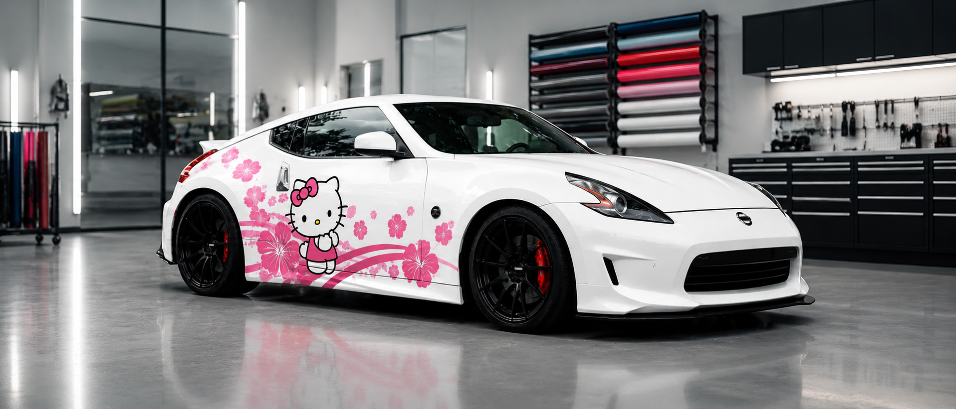 WEEMCUSTOM Hello Kitty cherry blossom custom car decal wrap on white sports car – unique vinyl graphics for self-expression