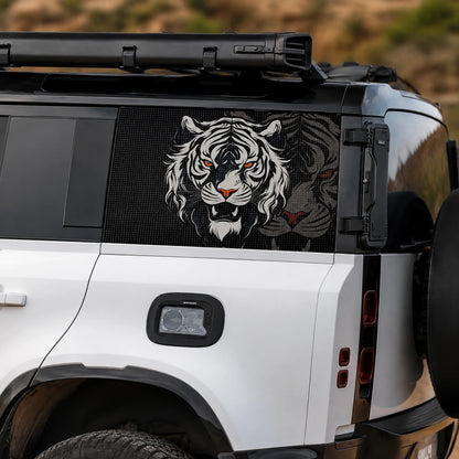 White Tiger rear window vinyl decal on white Land Rover Defender rear window close up orange eyes