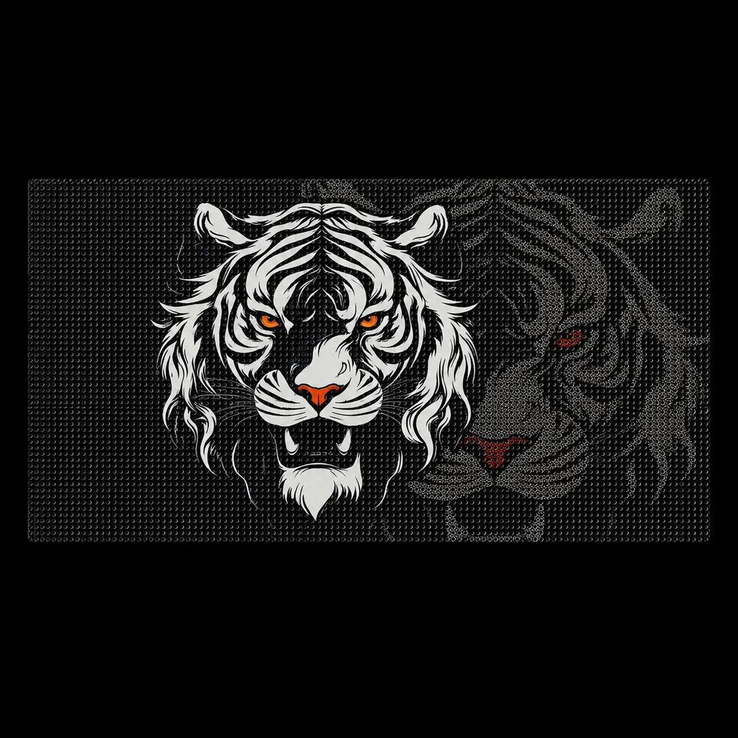 White Tiger vinyl decal design white tiger face orange eyes black perforated window vinyl background
