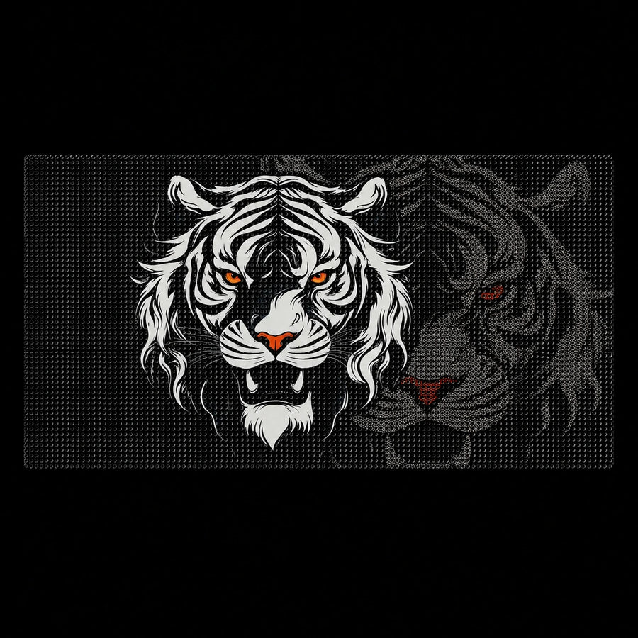 White Tiger vinyl decal design white tiger face orange eyes black perforated window vinyl background