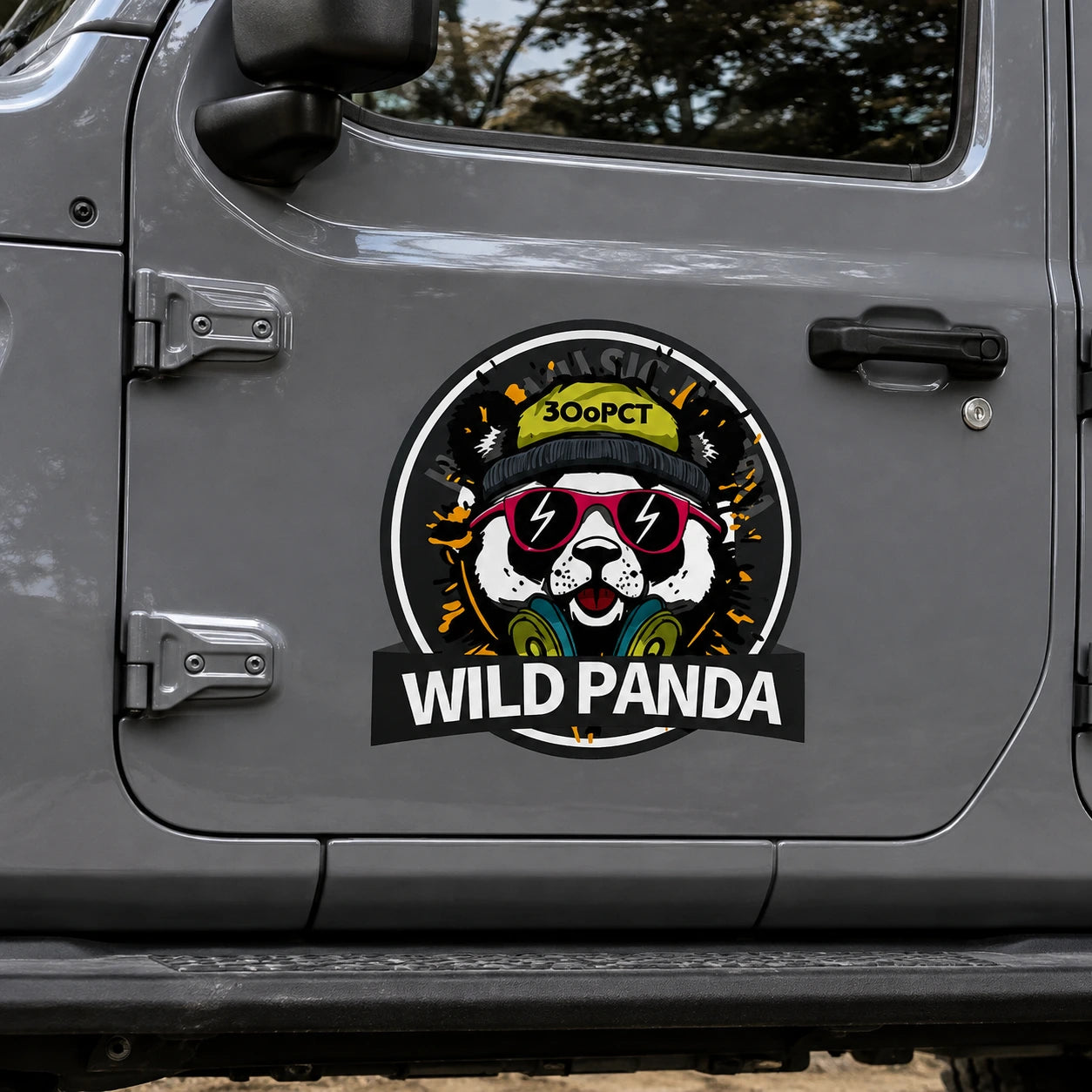 Wild Panda 300PCT vinyl decal sticker on Jeep Wrangler door close up