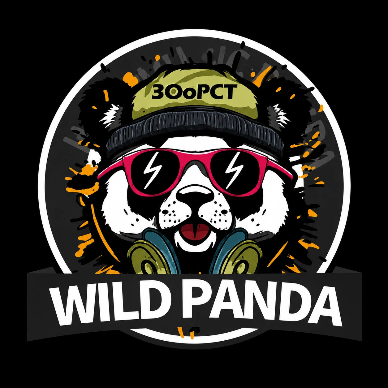 Wild Panda 300PCT vinyl decal circle logo panda sunglasses beanie black background
