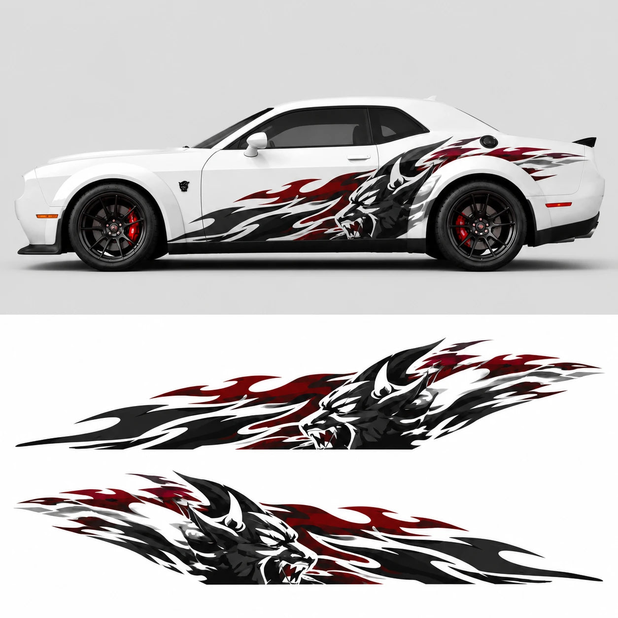 Wolf flame side decal on white Dodge Challenger full side view with flat decal layout on white background