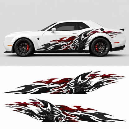 Wolf flame side decal on white Dodge Challenger full side view with flat decal layout on white background