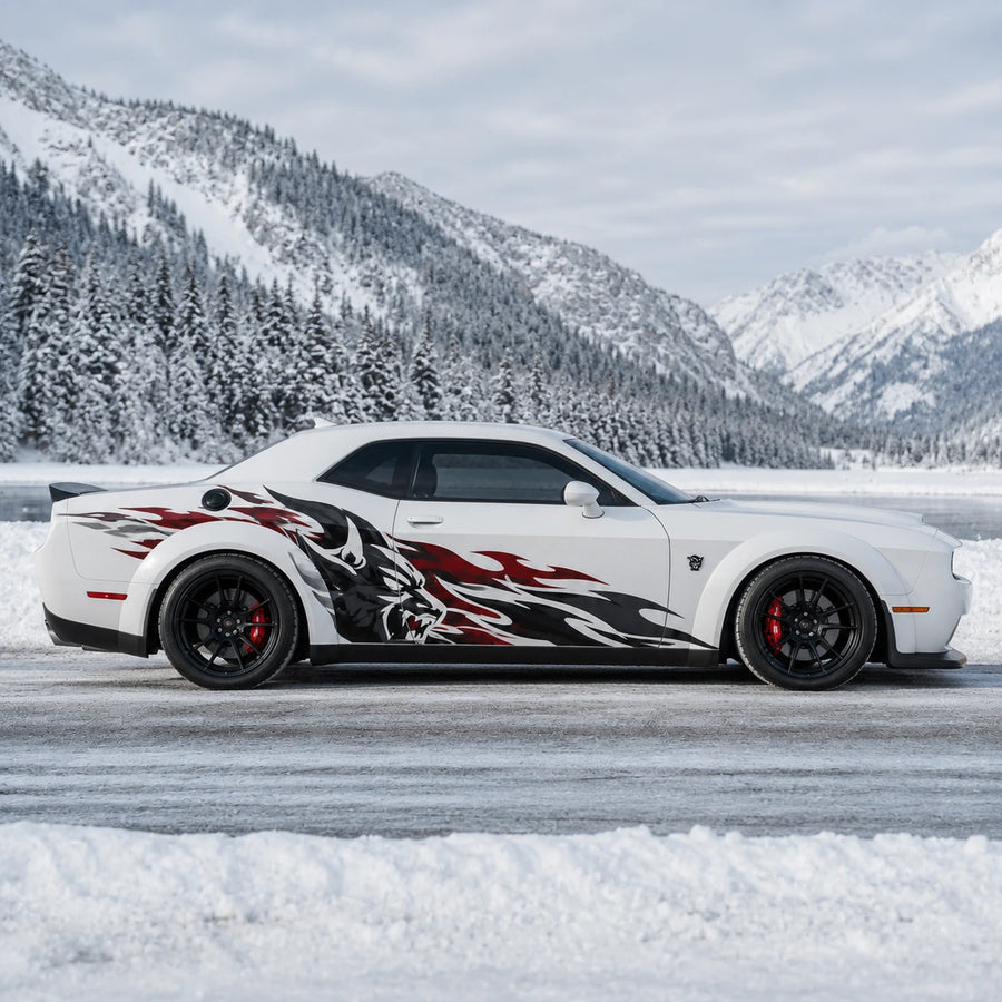Wolf flame side decal on white Dodge Challenger side profile frozen lake snowy mountain forest