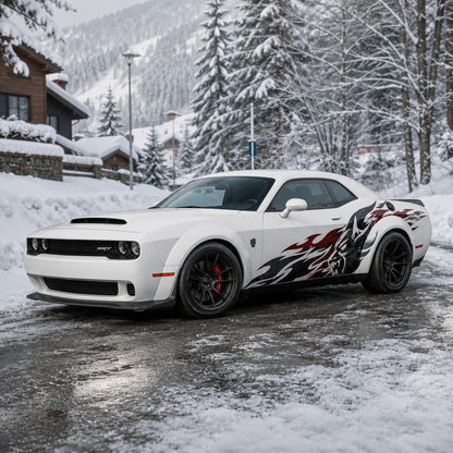 Wolf flame side decal on white Dodge Challenger SRT front three quarter view snowy alpine village