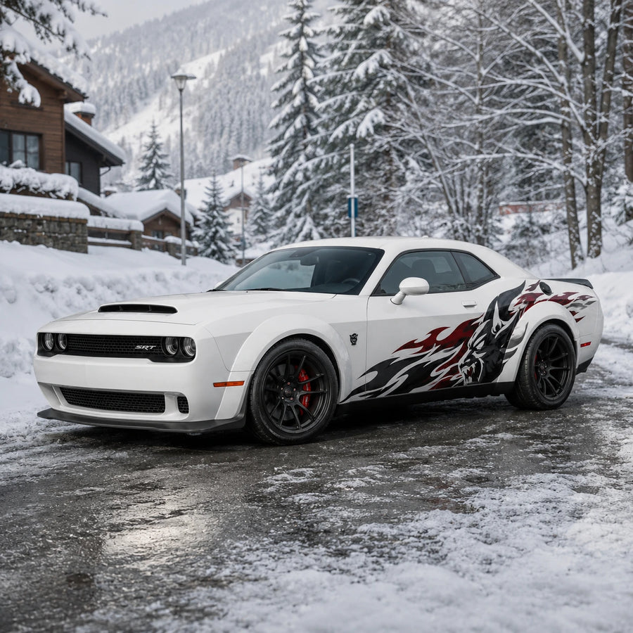 Wolf flame side decal on white Dodge Challenger SRT front three quarter view snowy alpine village